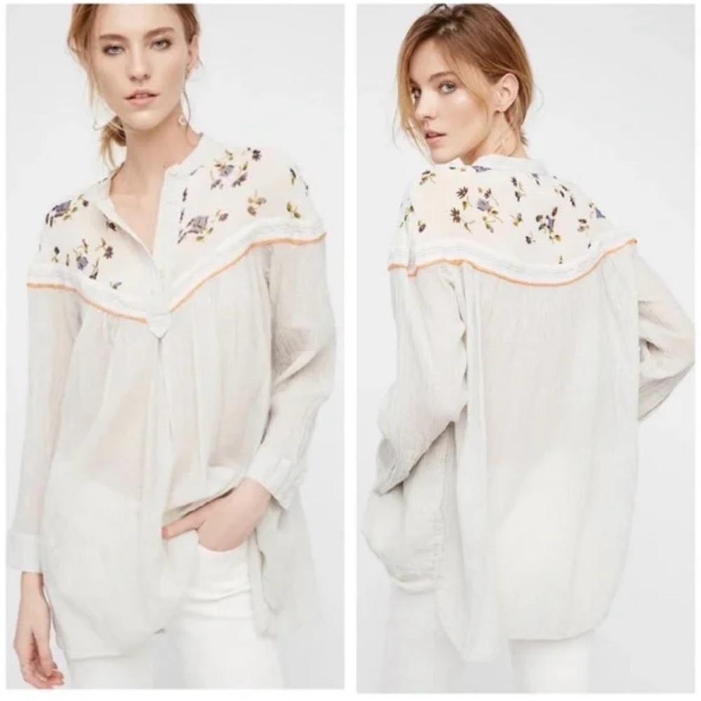 Free People White Blouse with Floral Details